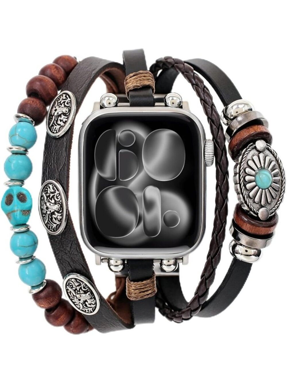 Unisex Turquoise/Beads Beaded Boho Bracelet Compatible Leather with Apple Watch
